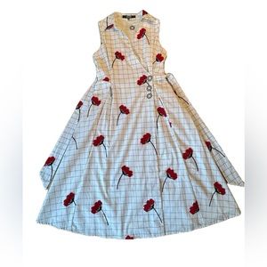 NWT EVA FRANCO Midi Wrap Dress Floral Embroidered Halter Red White Black Size 0